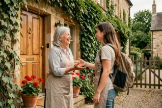 Hôtesse accueillant une voyageuse à la porte de sa maison en pierre à la campagne, séjour chez l'habitant