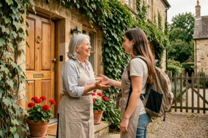 Hôtesse accueillant une voyageuse à la porte de sa maison en pierre à la campagne, séjour chez l'habitant