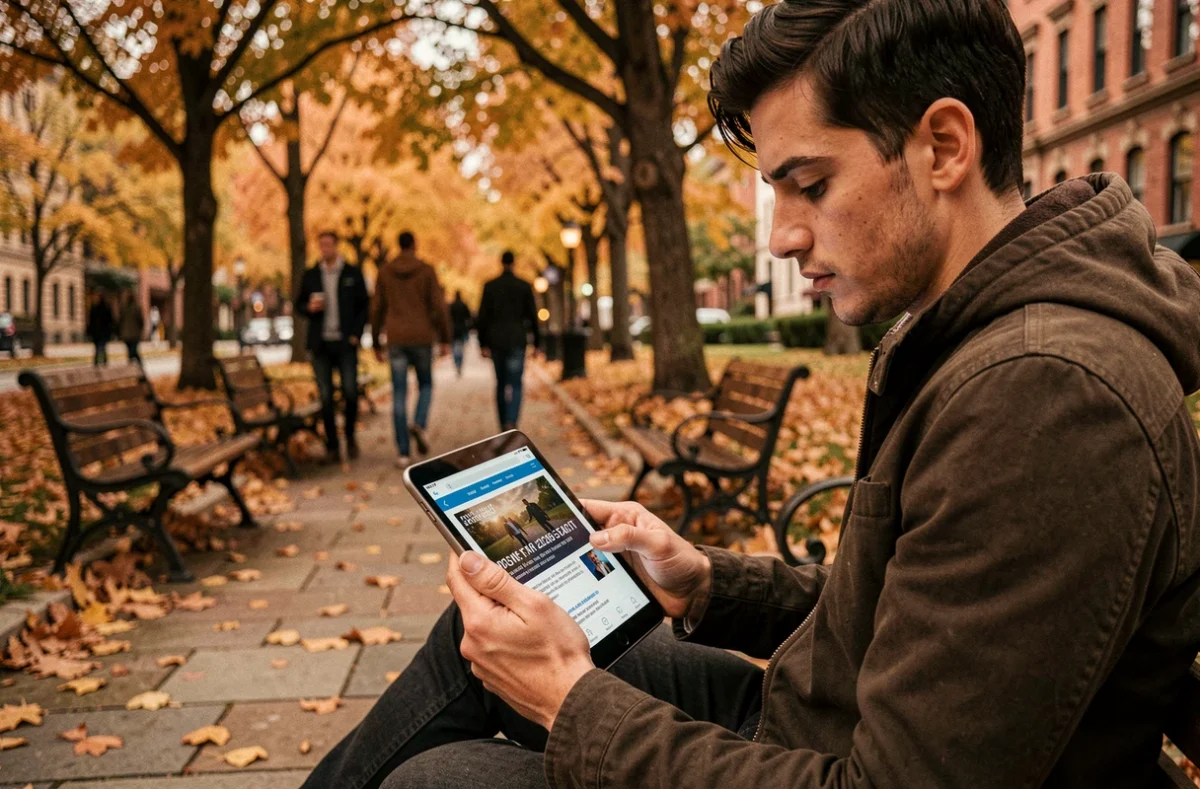 Jeune homme consultant les actualités sur une tablette dans un parc en automne avec des titres sur les événements de 2026