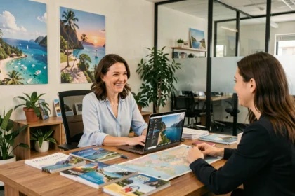 Agente de voyage professionnelle conseillant un couple dans une agence de voyages moderne avec brochures et carte du monde