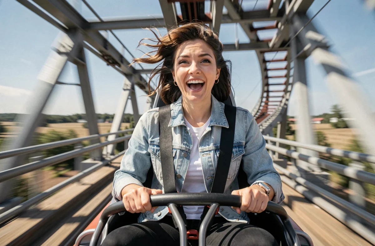 Femme adulte dans un grand huit ultra-moderne lors de la meilleure attraction de 2026