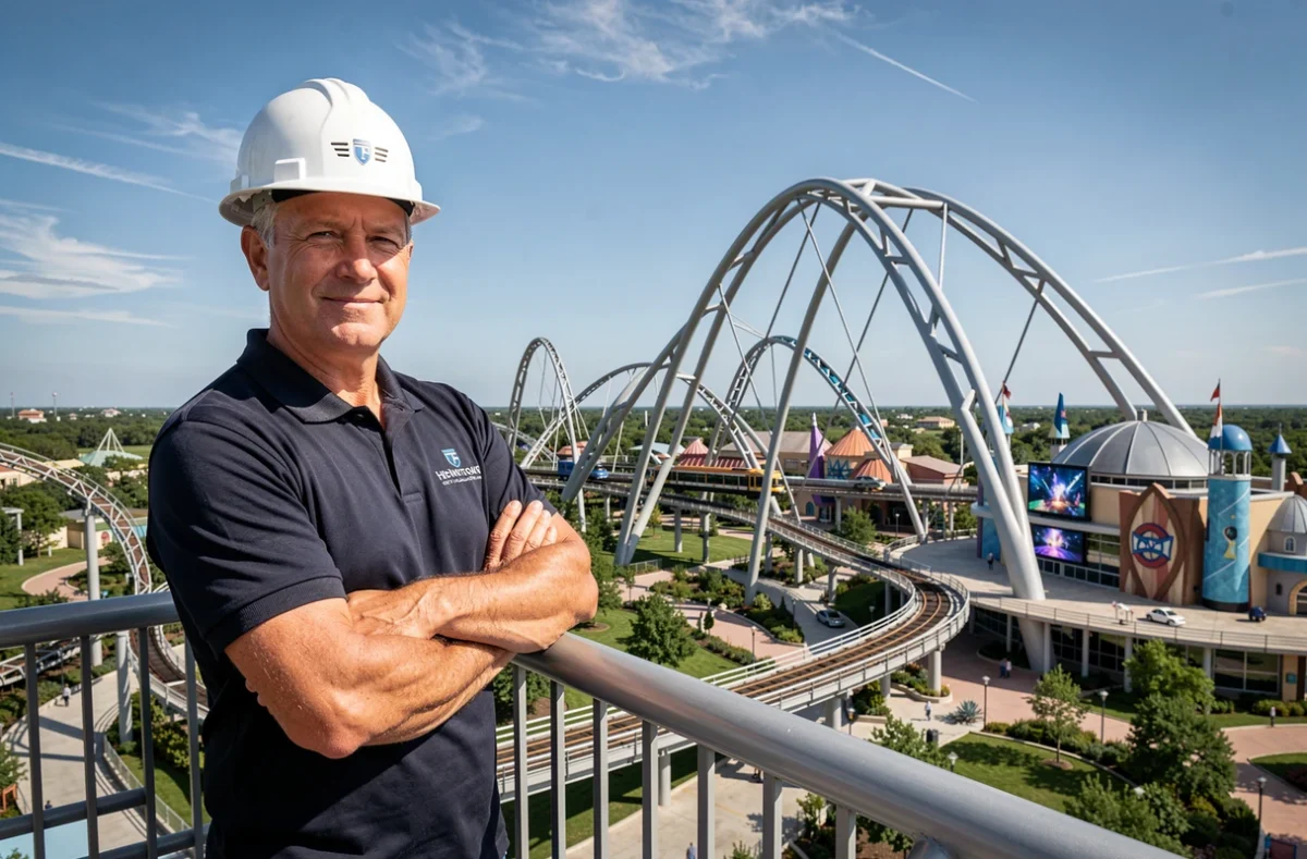 Ingénieur de parc d'attractions contemplant la meilleure attraction innovante de 2026 depuis une plateforme surélevée