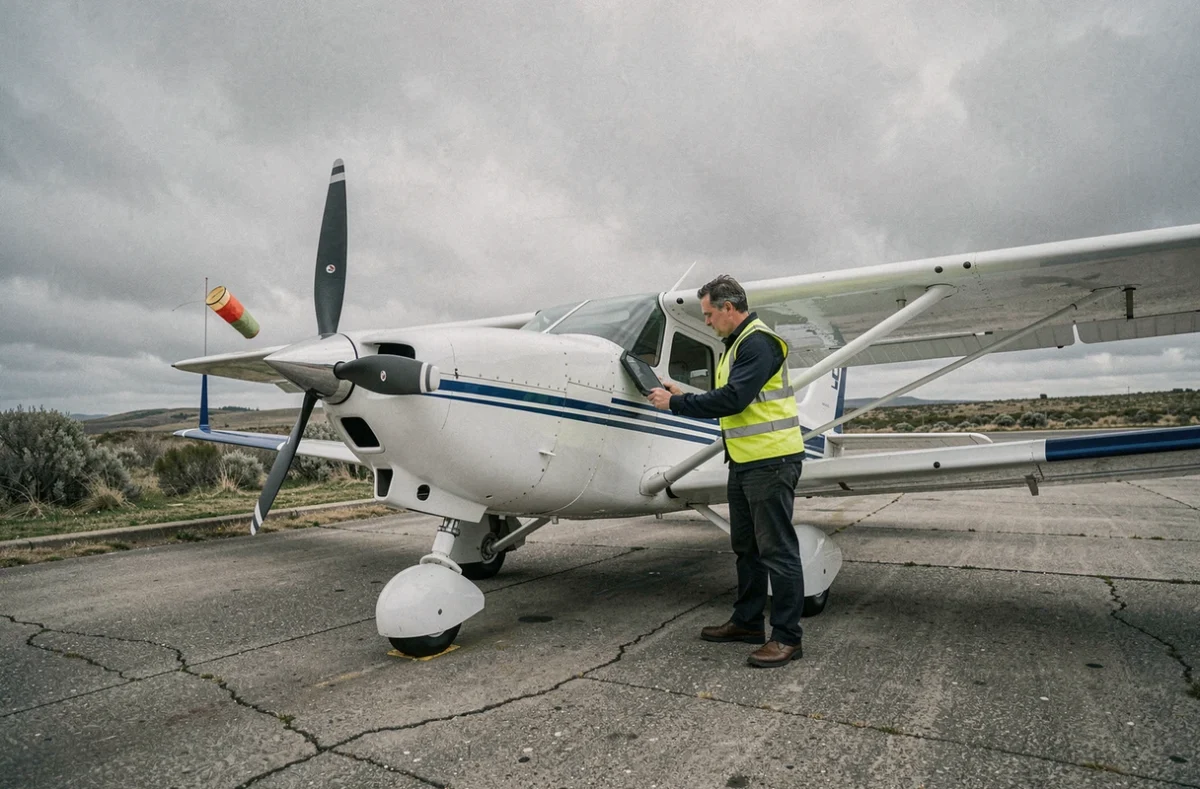 Technicien effectuant une vérification sur un petit avion régional dans un aérodrome de l'ouest