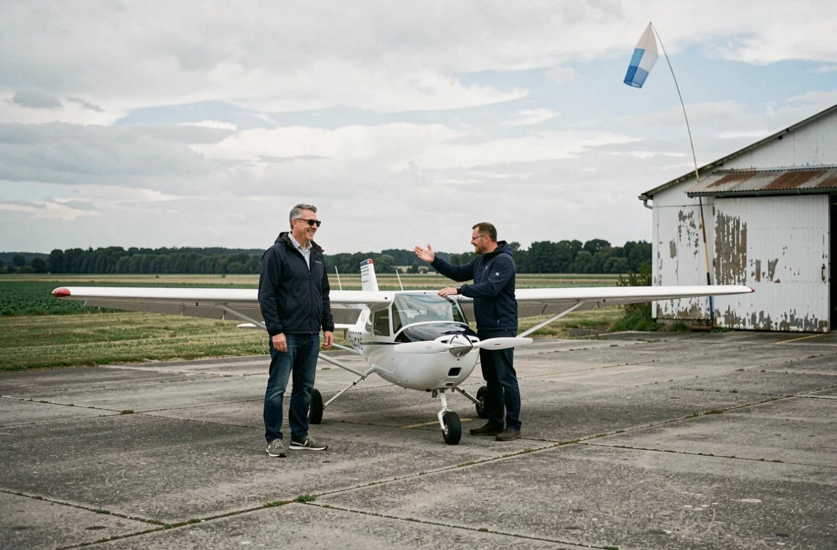 Homme et instructeur devant un ULM sur un petit aérodrome avant un baptême de l'air