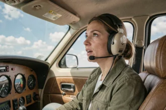 Femme portant un casque d'aviation dans le cockpit d'un petit avion pour son baptême de l'air