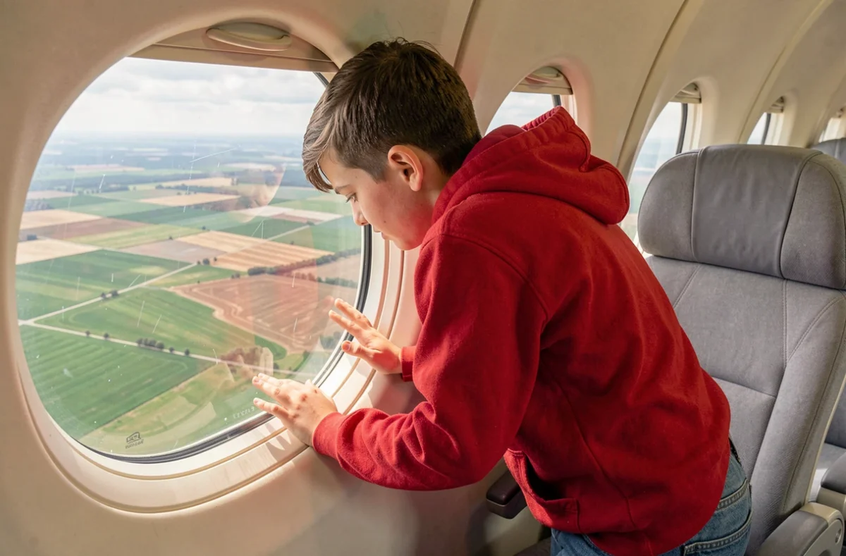 Adolescent regardant par le hublot d'un avion lors de son premier vol en baptême de l'air