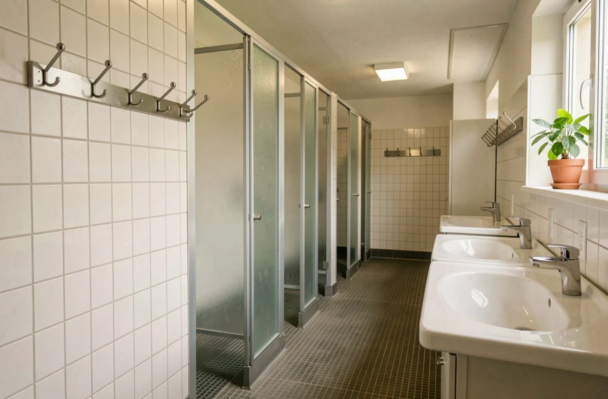 Bloc sanitaire intérieur propre d'un camping 3 étoiles avec cabines de douche en verre dépoli, lavabos en céramique et sol antidérapant carrelé