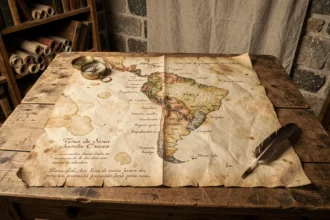 Ancienne carte manuscrite du Brésil avec l'inscription Terra de Santa Cruz sur parchemin jauni du XVIe siècle