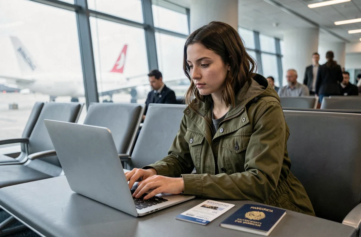 Jeune femme dans un salon d'aéroport avec une carte d'embarquement imprimée et son passeport posés à côté d'elle