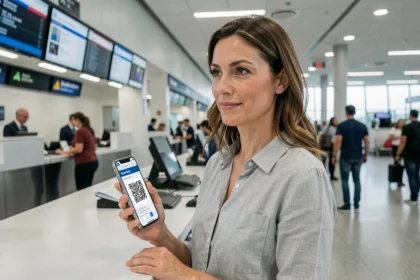 Femme tenant un smartphone avec une carte d'embarquement numérique au comptoir d'enregistrement d'un aéroport