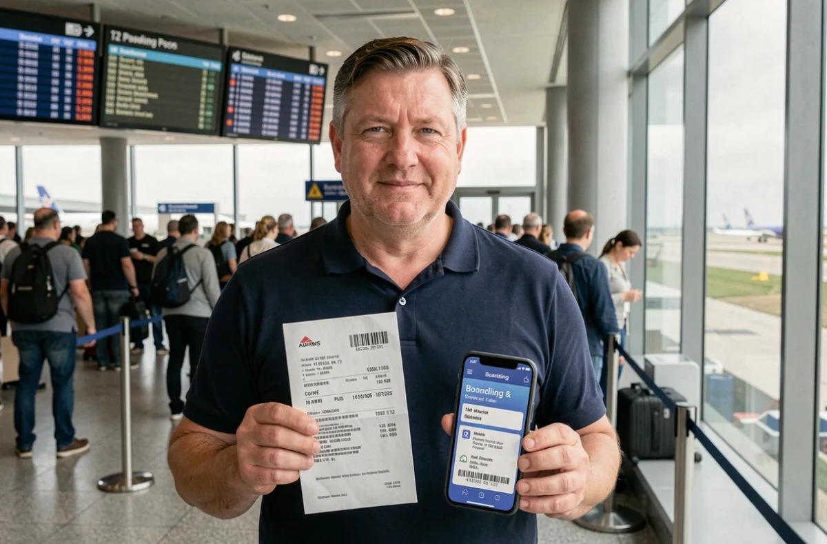 Homme comparant une carte d'embarquement papier et une carte d'embarquement numérique à l'aéroport
