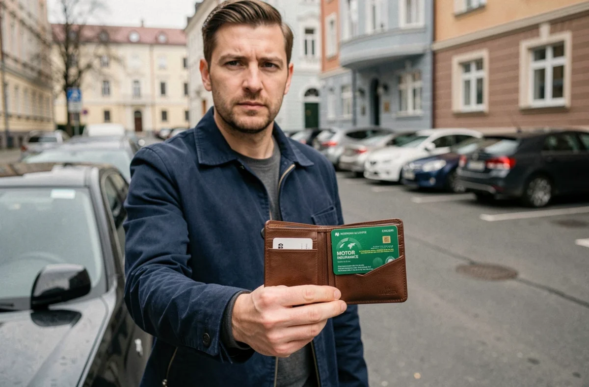 Homme présentant sa carte verte d'assurance internationale devant son véhicule en milieu urbain