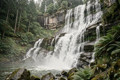 Grande cascade naturelle tombant sur une falaise de granit recouverte de mousse dans une forêt tempérée luxuriante
