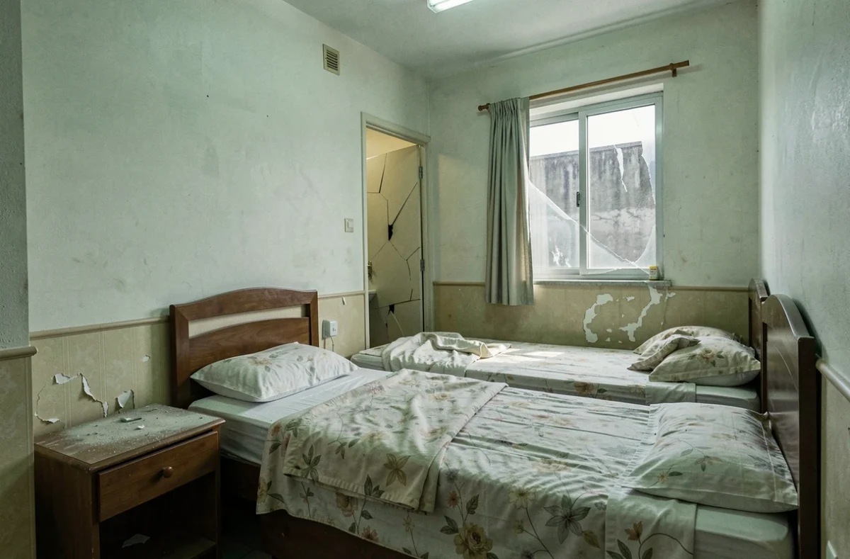 Chambre d'hôtel mal entretenue avec literie froissée, papier peint décollé et rideaux abîmés