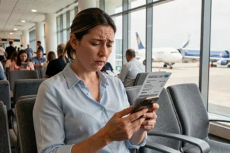 Femme tenant un billet d'avion et consultant son téléphone dans un aéroport pour changer son nom sur sa réservation