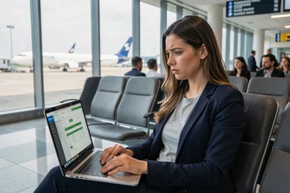 Femme au guichet d'aéroport consultant son billet Ryanair sur un ordinateur portable pour modifier son nom