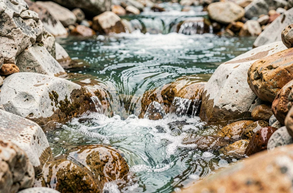 Chute d'eau rapide et peu élevée traversant un chenal rocheux en pierre calcaire dans un ruisseau de montagne