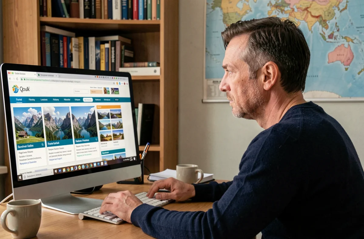 Homme comparant des offres d'agences de voyages en ligne sur un ordinateur depuis son bureau à domicile