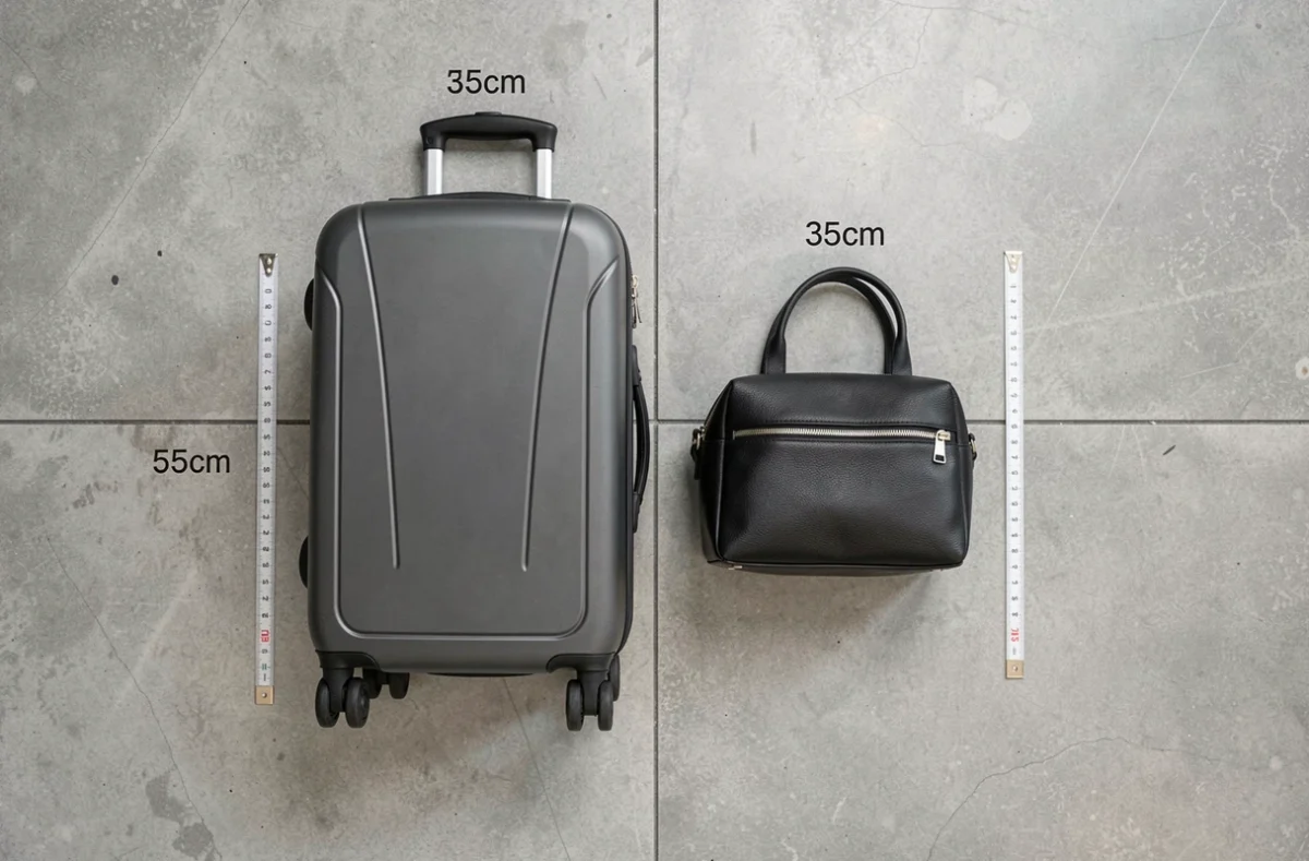 Vue de dessus comparative entre un bagage cabine à roulettes et un bagage à main personnel posés côte à côte sur le sol d'un aéroport