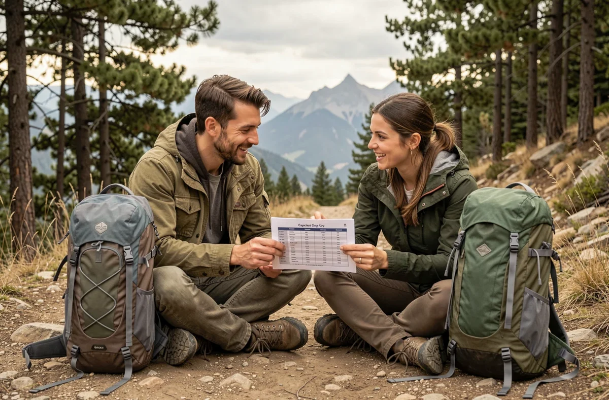 Deux randonneurs comparant des sacs à dos de différentes capacités sur un sentier de montagne