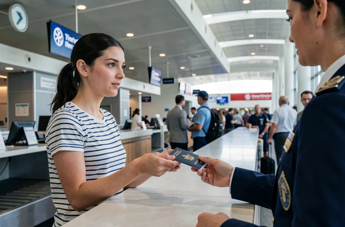 Jeune femme présentant son passeport à un agent au comptoir d'enregistrement pour corriger son nom sur son billet d'avion