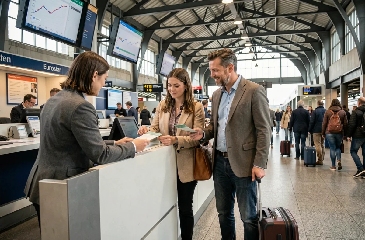 Couple présentant leurs documents de voyage au guichet Eurostar pour partir en Angleterre