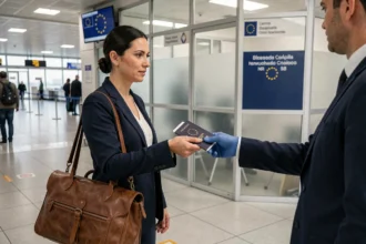 Femme présentant son passeport à un agent de contrôle aux frontières à l'aéroport en Espagne