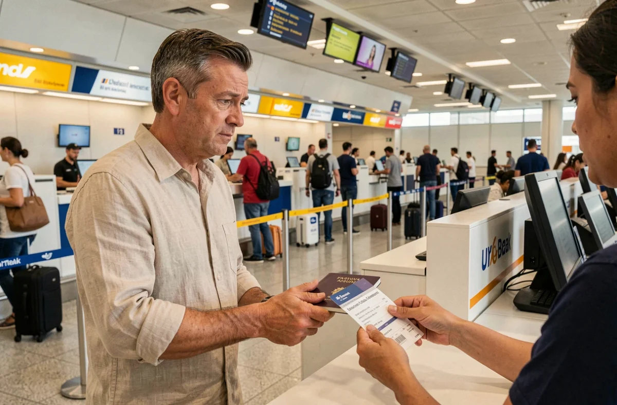 Passager présentant son passeport au comptoir d'enregistrement Ryanair pour une correction de nom sur son billet