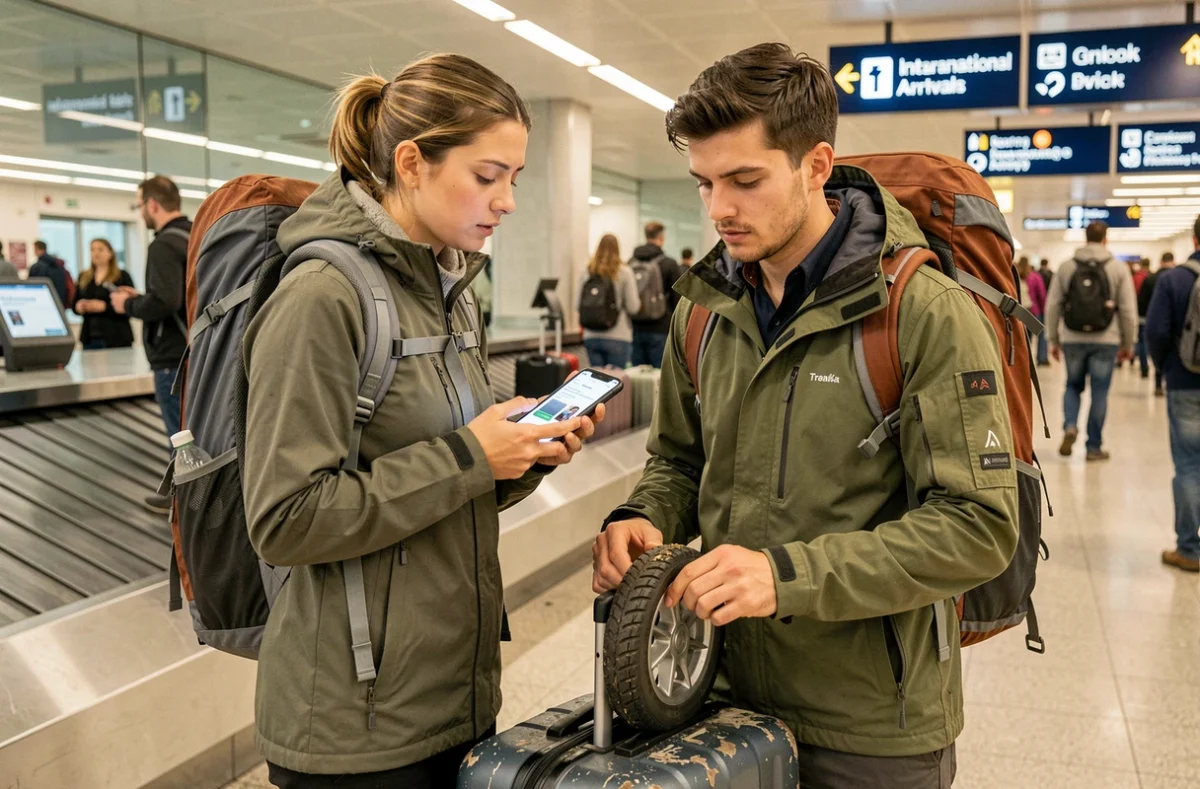 Couple découvrant un bagage endommagé à l'aéroport et consultant leur assurance voyage sur smartphone