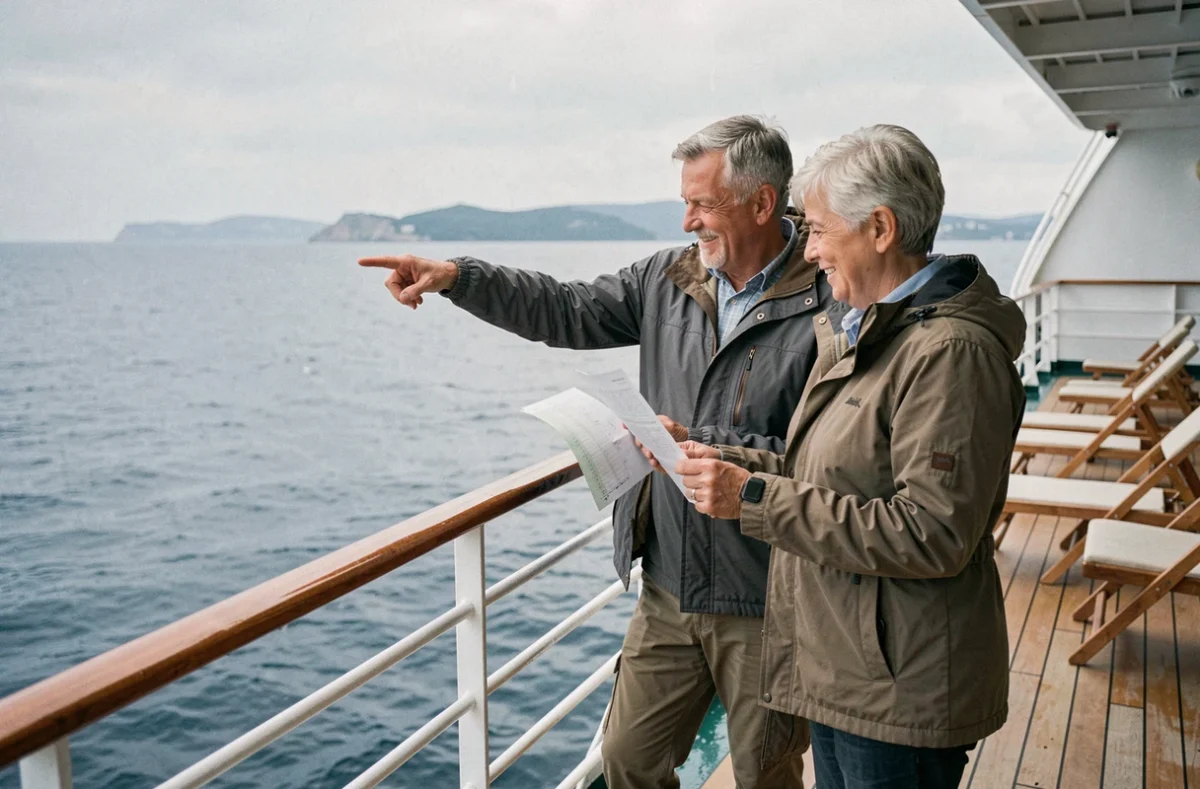 Couple de voyageurs sur le pont d'un paquebot de croisière en contemplant la mer lors d'une croisière économique hors saison