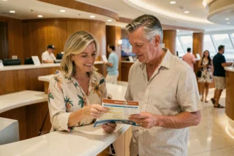 Couple examinant le programme des divertissements à bord d'un bateau de croisière