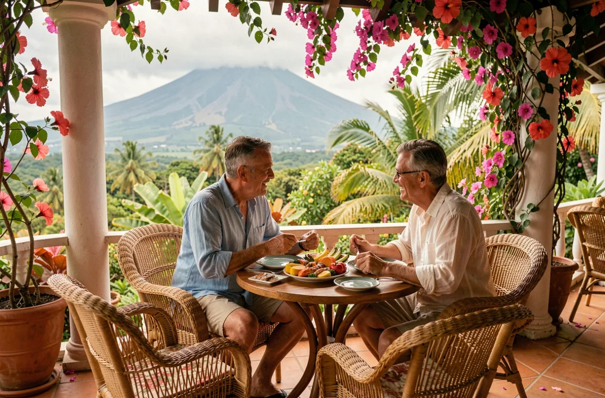 Couple attablé en terrasse d'un resort tropical à La Réunion avec vue sur les pitons volcaniques