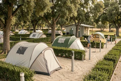 Camping 3 étoiles avec emplacements bien délimités, haies basses, bornes électriques et bloc sanitaire en arrière-plan sous des chênes