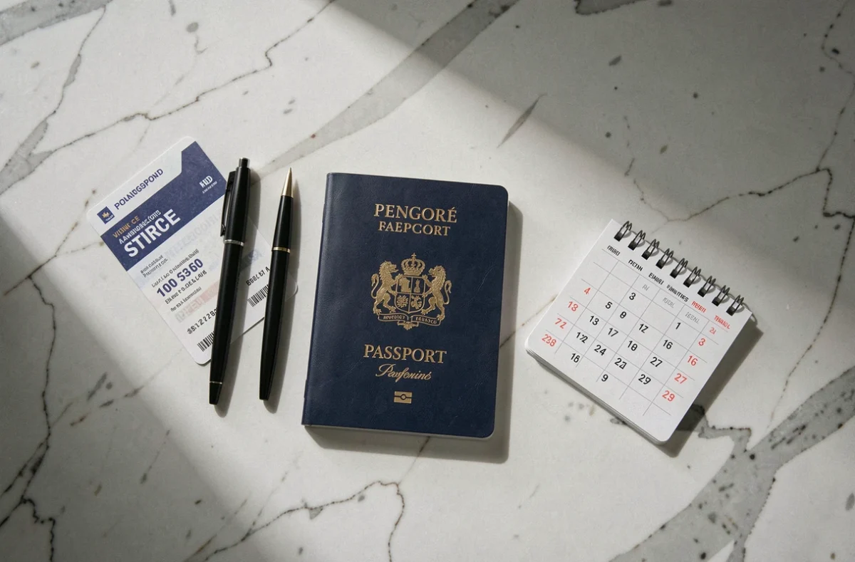 Passeport français ouvert posé sur une surface en marbre avec un billet d'avion et un calendrier