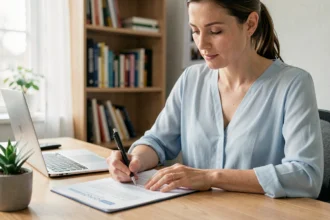 Femme remplissant un formulaire de demande de carte internationale d'assurance à son bureau