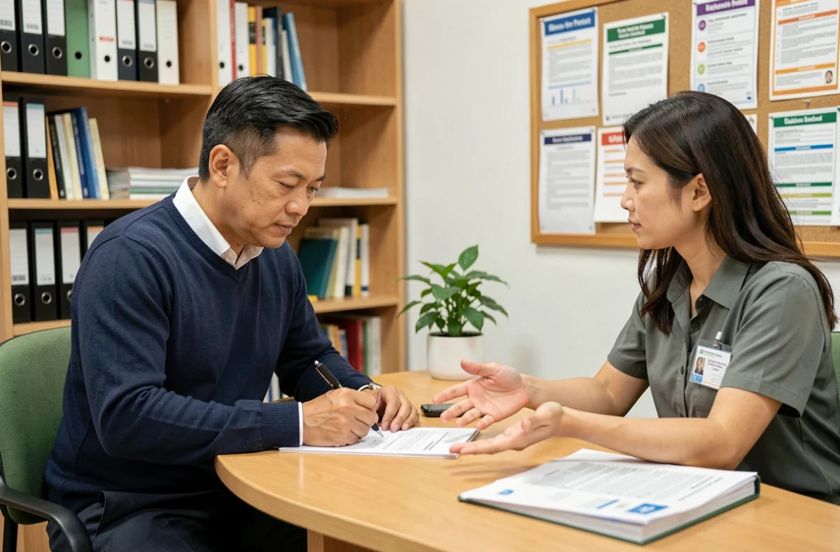 Homme immigrant remplissant des formulaires administratifs dans un bureau d'accueil avec l'aide d'une conseillère