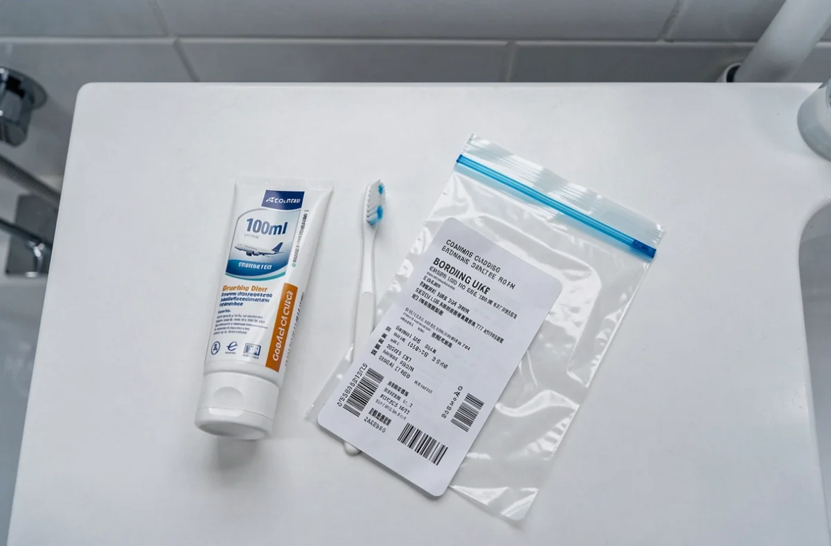 Dentifrice de voyage 100ml dans un sac plastique transparent posé sur un comptoir de salle de bain avec une carte d'embarquement