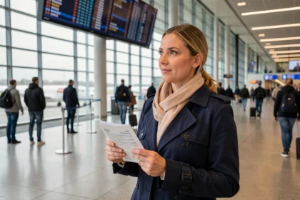 Femme tenant un passeport français dans un aéroport avant un voyage en Angleterre en 2026