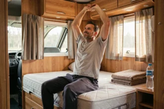 Homme se réveillant dans le lit d'un camping-car, intérieur cosy avec rangements et fenêtre