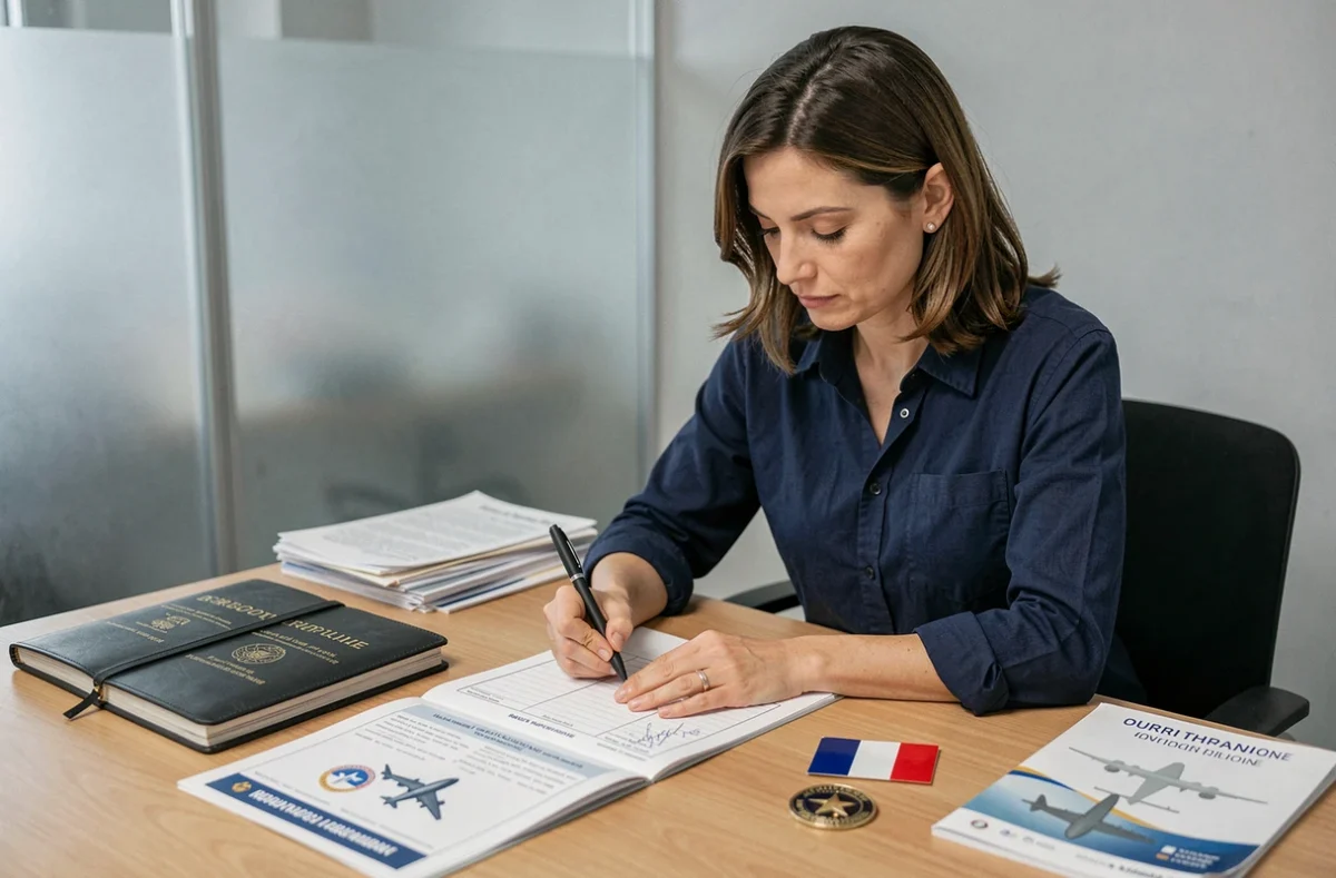 Femme complétant un dossier de certification pour le permis de pilote de montgolfière dans un bureau administratif