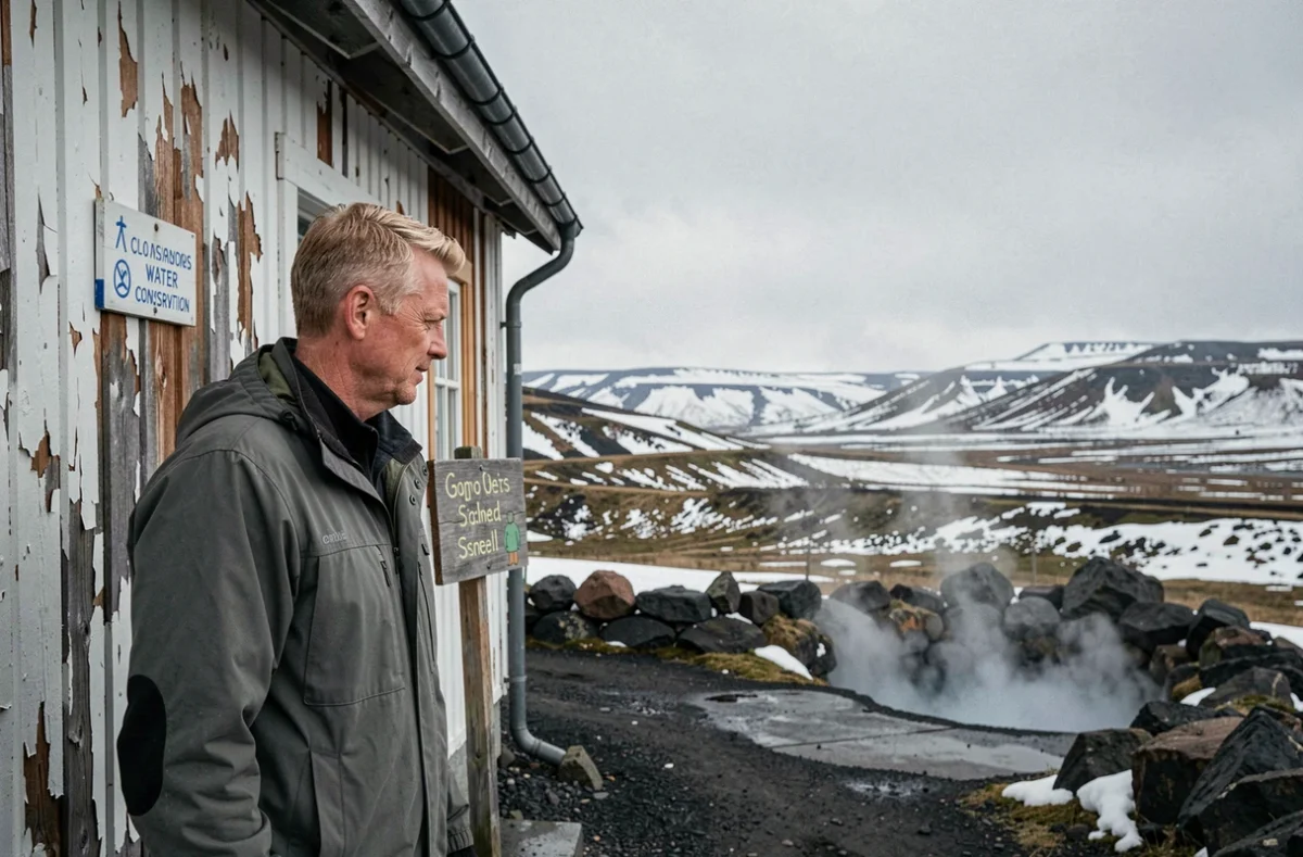 Homme devant un panneau informatif sur l'eau géothermale soufrée dans un guesthouse islandais