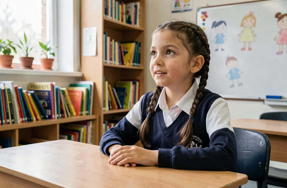 Jeune écolière concentrée dans une salle de classe moderne et bien équipée, symbolisant l'accès à une éducation de qualité pour les enfants dans les meilleurs pays du monde