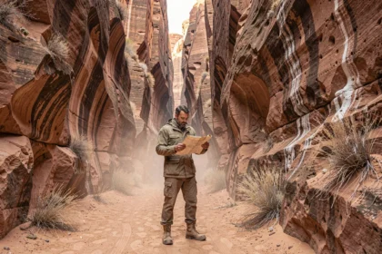 Explorateur solitaire à l'entrée d'un canyon désertique secret et inaccessible