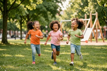 Enfants de différentes origines jouant ensemble dans un parc verdoyant et moderne, illustrant les meilleures conditions de vie pour les enfants dans le monde