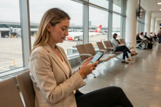 Femme effectuant un enregistrement en ligne sur smartphone dans un salon d'aéroport moderne