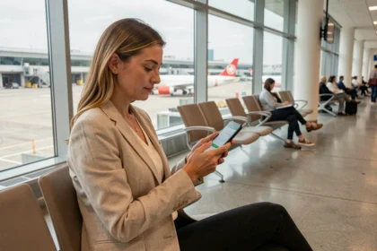 Femme effectuant un enregistrement en ligne sur smartphone dans un salon d'aéroport moderne