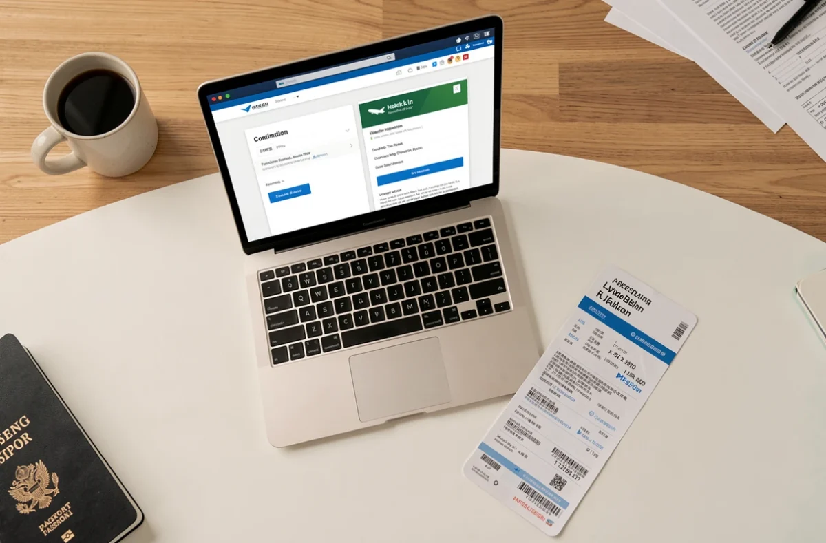 Vue aérienne d'un bureau avec enregistrement en ligne sur ordinateur et carte d'embarquement imprimée