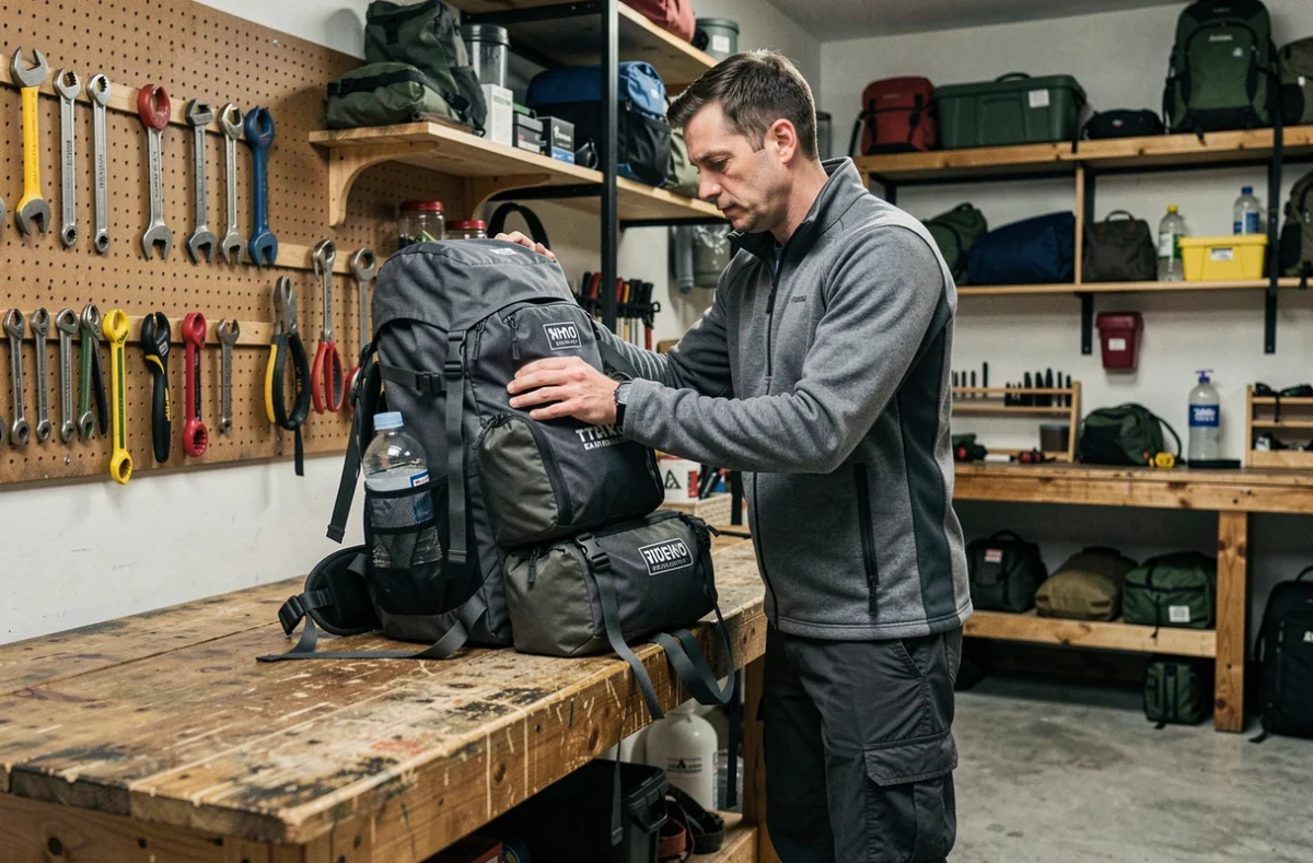 Homme remplissant un grand sac à dos de trekking avec des sacs étanches pour en estimer le volume dans un garage