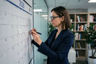 Femme professionnelle planifiant des événements de 2026 devant un calendrier mural dans un bureau moderne