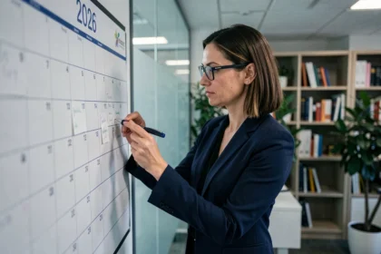 Femme professionnelle planifiant des événements de 2026 devant un calendrier mural dans un bureau moderne
